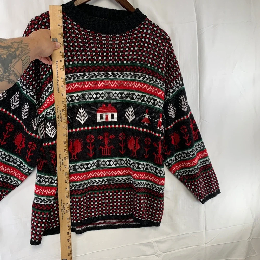 VTG Huntington Ridge Sweater Mens L Black Red Nordic Folk Art Novelty Knit USA - Picture 7 of 12